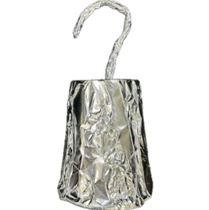 Photo of a completed Captain Hook hand on a white background. It's covered in foil.