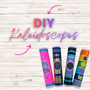 image of the completed kaleidoscope craft and the words DIY kaleidoscopes