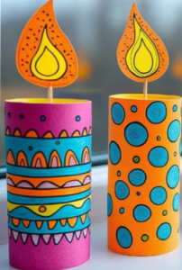 photo of example paper cande craft. it's patterned and colourful. There are 2 and they are different patterns.