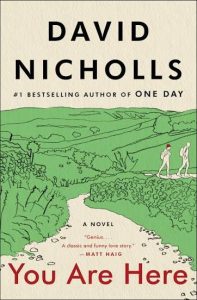 Book cover for You are here by David Nicholls. The cover is illustrated with bright green and a cream pathway, there are two people walking away.