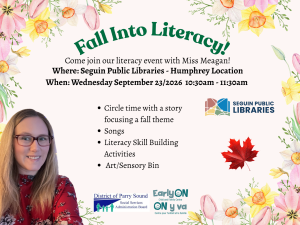 Fall into Literacy poster, all information is written next to image.